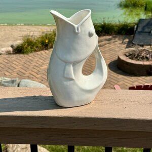 White Gurgling Fish Pitcher, Ceramic,24 ounces. also available in Blue and Red